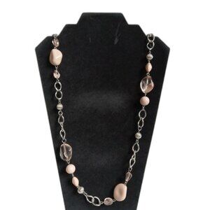 Beige Pink Beaded Silver Tone Curb Link Chain Single Strand Long Length Necklace